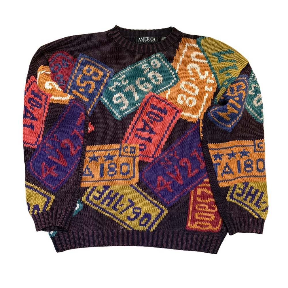 Vintage Perry Ellis America License Plate Knitted Sweater Multi L - Picture 2 of 4